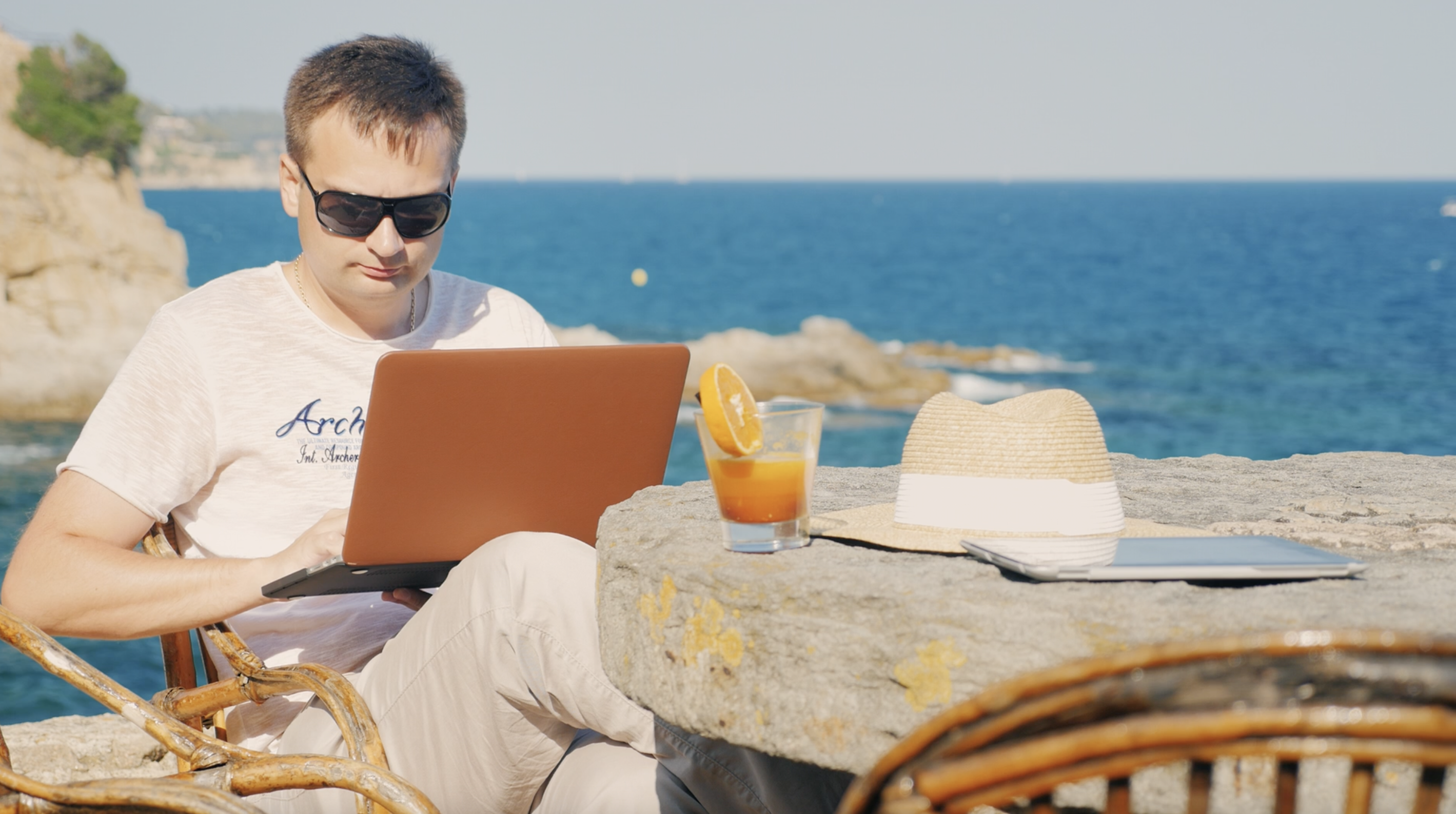 Man computer sunny place